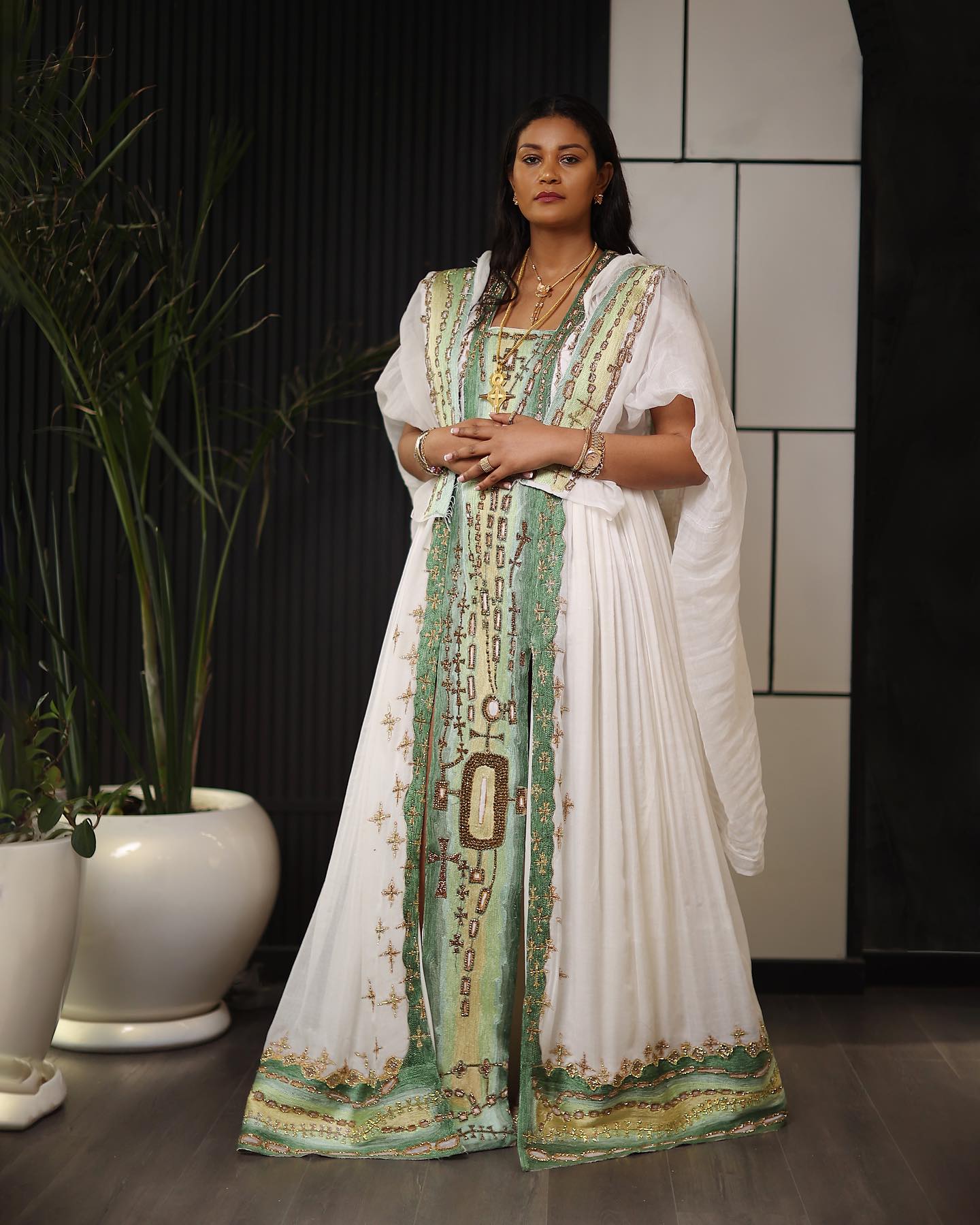 Elegant Sleeveless Habesha Kemis  Green and Yellow Traditional ethiopian Dress Sleeveless Habesha Dress For Wedding 811