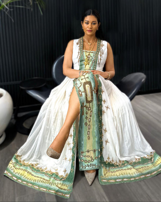 Traditional Ethiopian Dress Stylish Green and Yellow Habesha Dress with Cultural Elegance