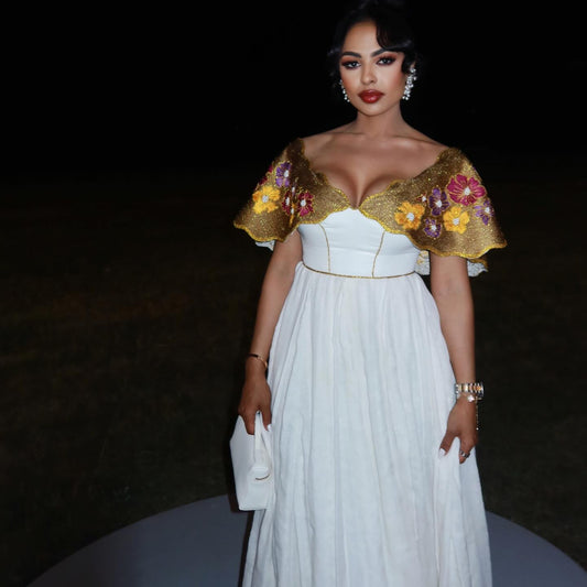 Traditional Ethiopian Dress Sophisticated Habesha Dress with Floral Gold Embellishment