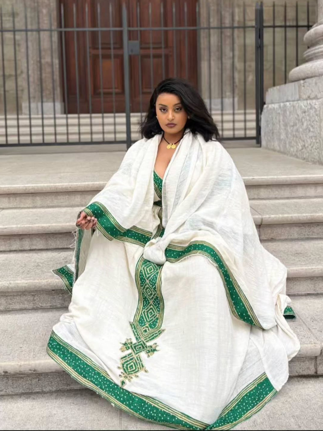 Graceful Habesha Dress V-Neck Habesha Kemis Emerald Woven Details and Heritage Ethiopian dress 813