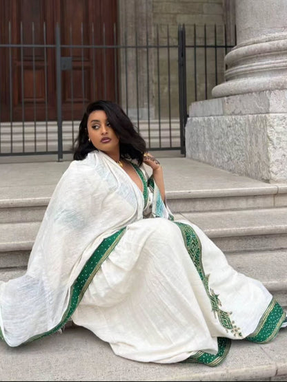 Graceful Habesha Dress V-Neck Habesha Kemis Emerald Woven Details and Heritage Ethiopian dress 813