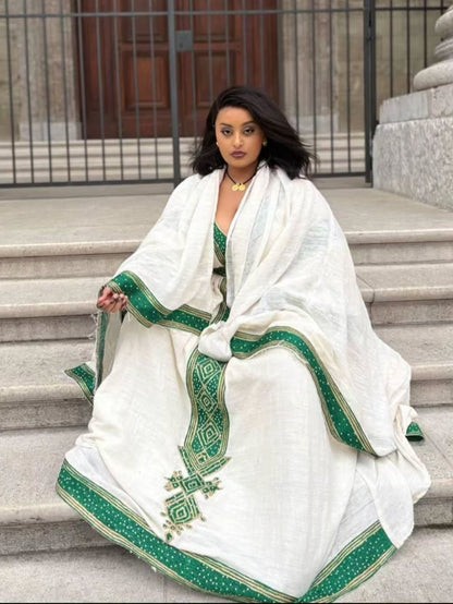 Graceful Habesha Dress V-Neck Habesha Kemis Emerald Woven Details and Heritage Ethiopian dress 813