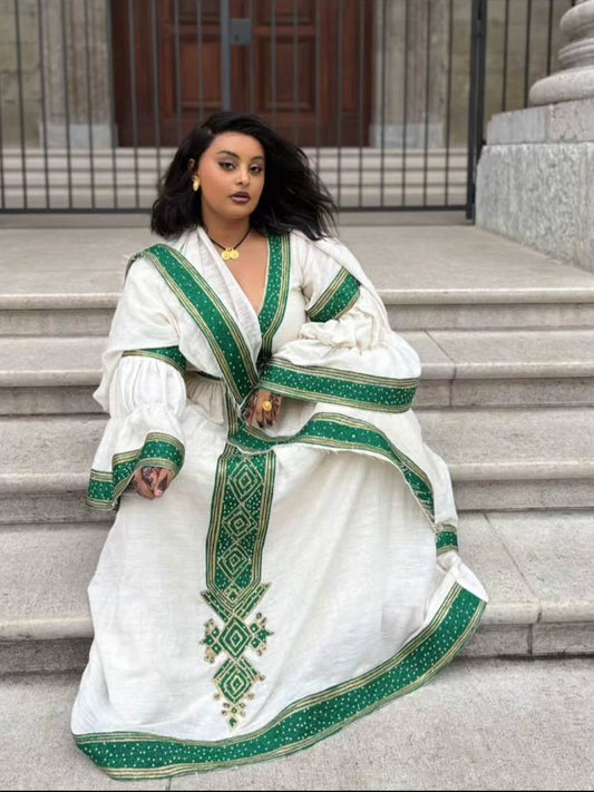 Elegant Ethiopian Traditional Dress | Refined Green Habesha Dress with Distinctive Woven Artistry