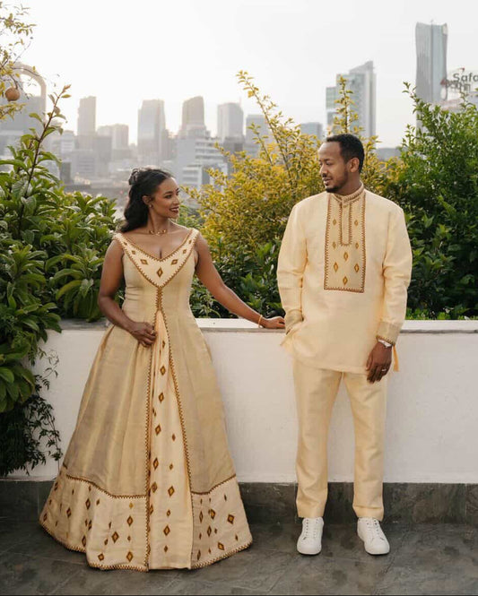 Elegant Matching Habesha Couple Outfit with Refined Traditional Cultural Embroidery