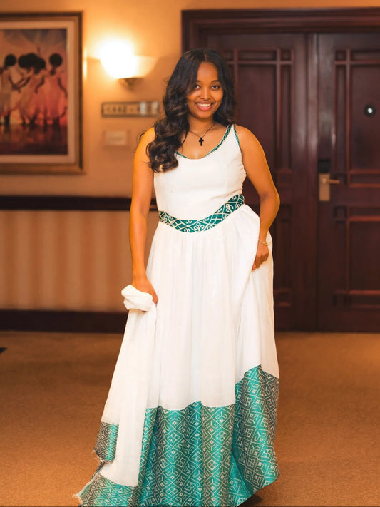 Ethiopian Traditional Dress Stylish Turquoise Habesha Dress with Woven Artistry
