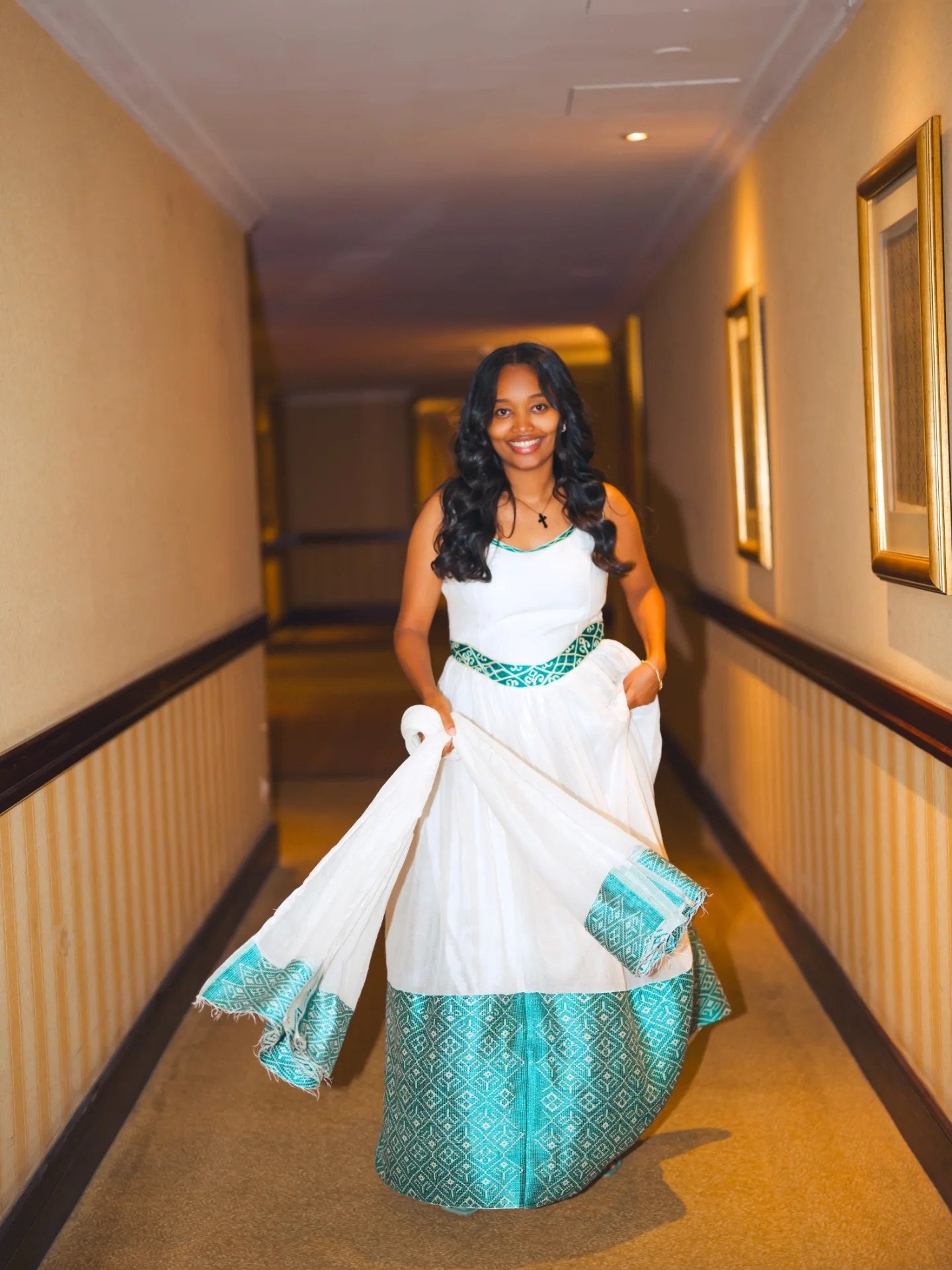 Green Woven Habesha Dress Open-Back Habesha Kemis Sleeveless Ethiopian Clothing 816