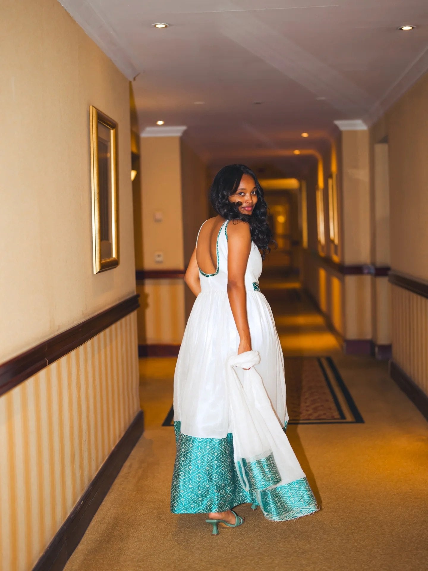 Green Woven Habesha Dress Open-Back Habesha Kemis Sleeveless Ethiopian Clothing 816