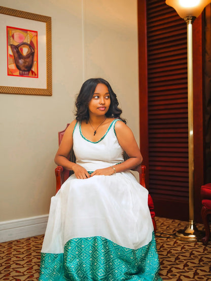 Green Woven Habesha Dress Open-Back Habesha Kemis Sleeveless Ethiopian Clothing 816