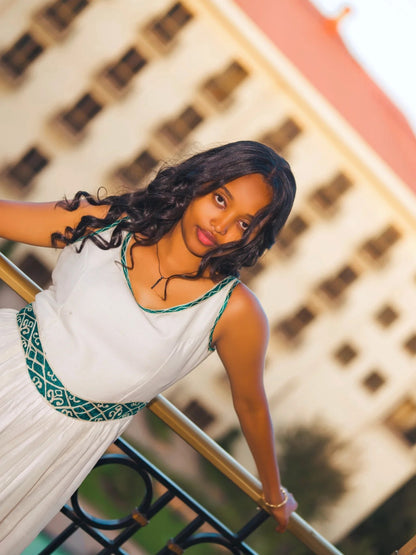 Green Woven Habesha Dress Open-Back Habesha Kemis Sleeveless Ethiopian Clothing 816