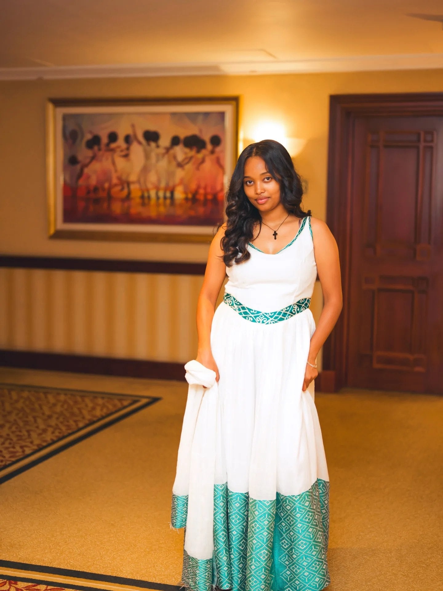 Green Woven Habesha Dress Open-Back Habesha Kemis Sleeveless Ethiopian Clothing 816