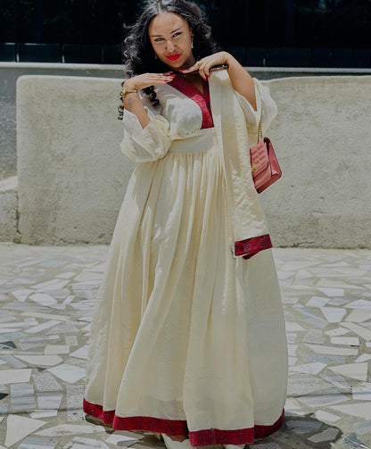 V-Neck Habesha Dress Burgundy Woven Ethiopian Traditional Clothing Timeless Habesha Kemis 819