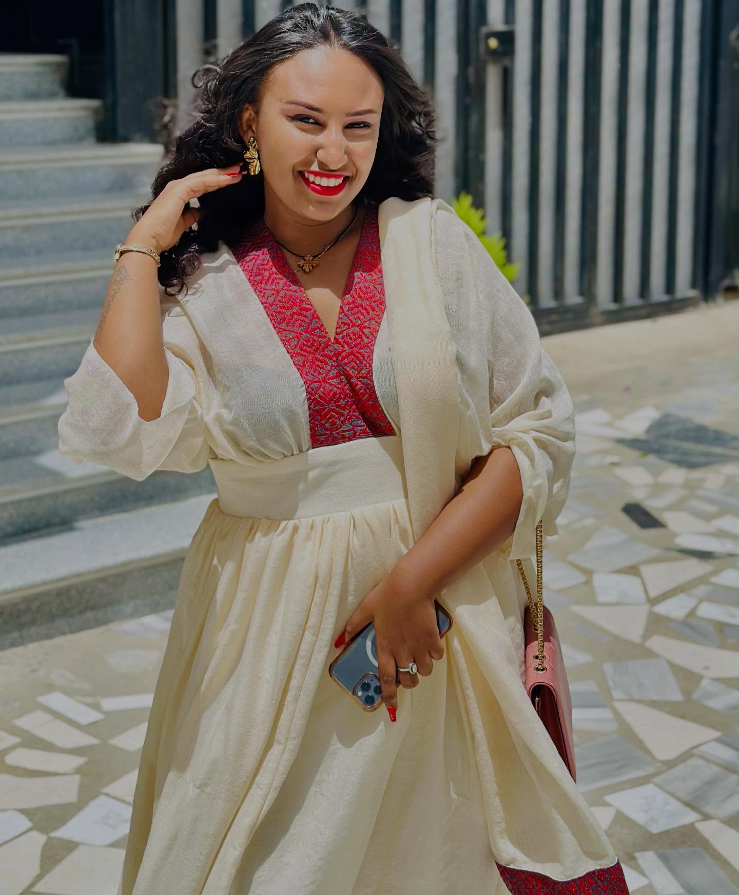 V-Neck Habesha Dress Burgundy Woven Ethiopian Traditional Clothing
