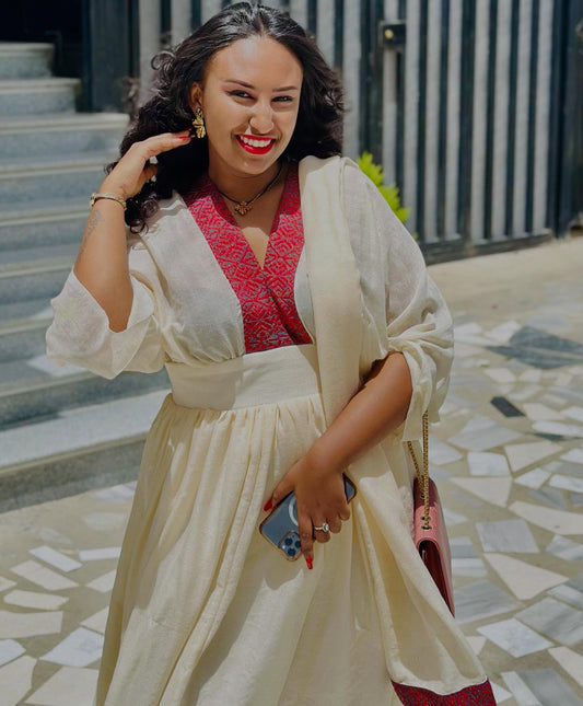 V-Neck Habesha Dress Burgundy Woven Ethiopian Traditional Clothing