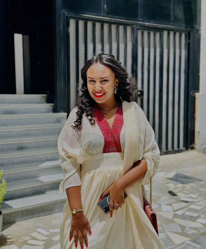 V-Neck Habesha Dress Burgundy Woven Ethiopian Traditional Clothing Timeless Habesha Kemis 819