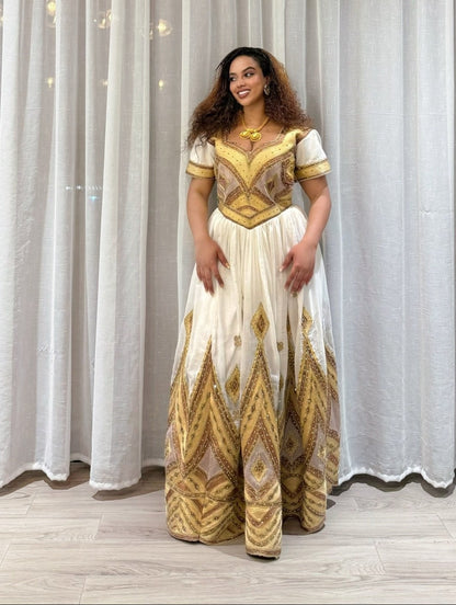 Traditional Ethiopian Wedding Dress Short Sleeve Ethiopian Dress Golden Embroidery Habesha Kemis 821