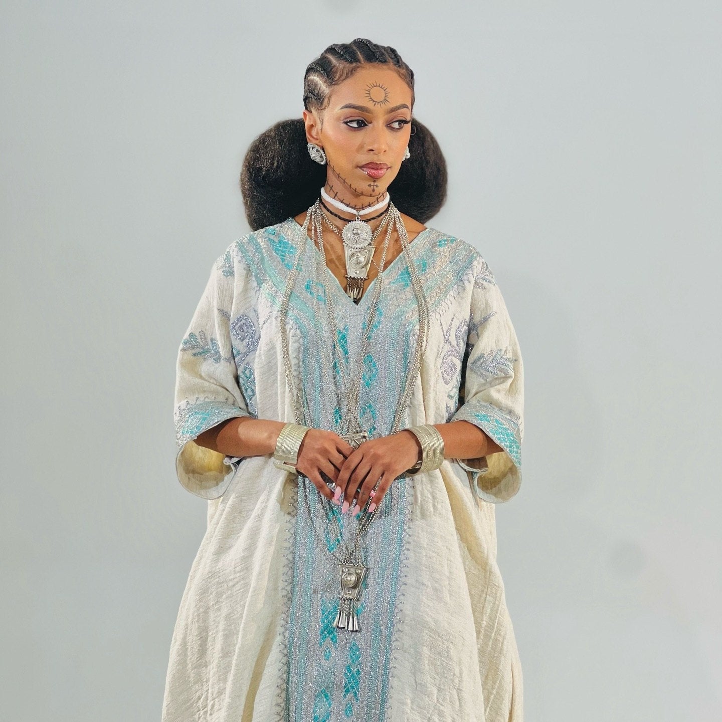 Silver and Blue Sky Embroidery Habesha Dress Charming Habesha Kemis Festive Ethiopian Dress 824