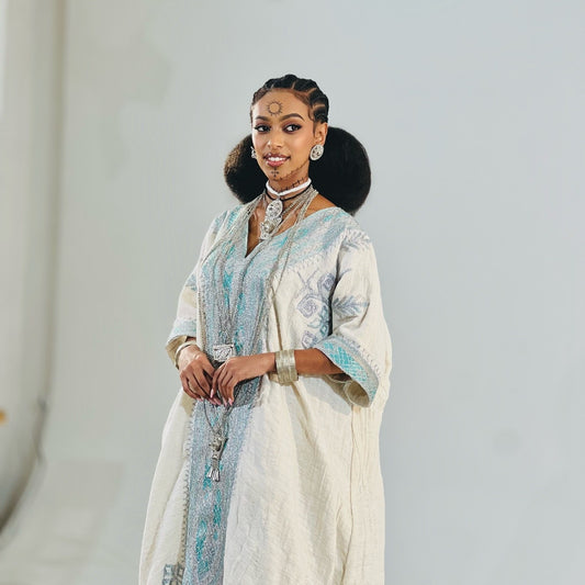 Silver and Blue Sky Embroidery Habesha Dress Elegant Ethiopian Traditional Dress