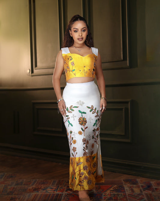 Yellow Embroidery Habesha Dress Elegant Ethiopian Traditional Clothing