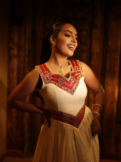 Red and Golden Embroidery Habesha Dress Sleeveless Ethiopian Traditional Clothing  Luxurious Habesha Kemis 826