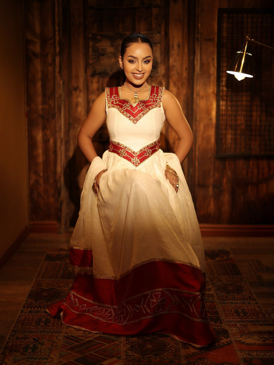 Red and Golden Embroidery Habesha Dress Ethiopian Clothing