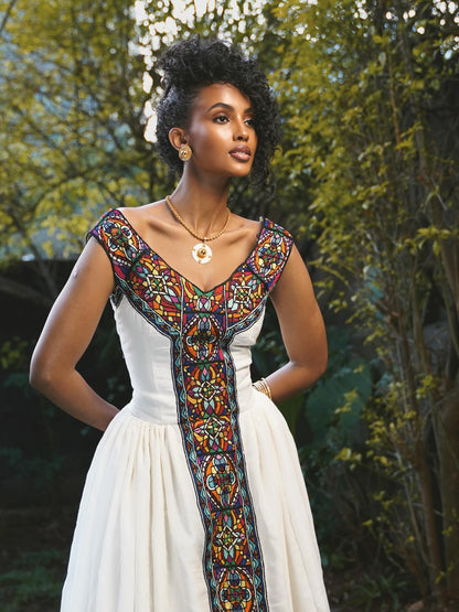 Multicolor Embroidery Ethiopian Clothing Off-Shoulder Habesha Dress Beautiful Habesha Kemis 831