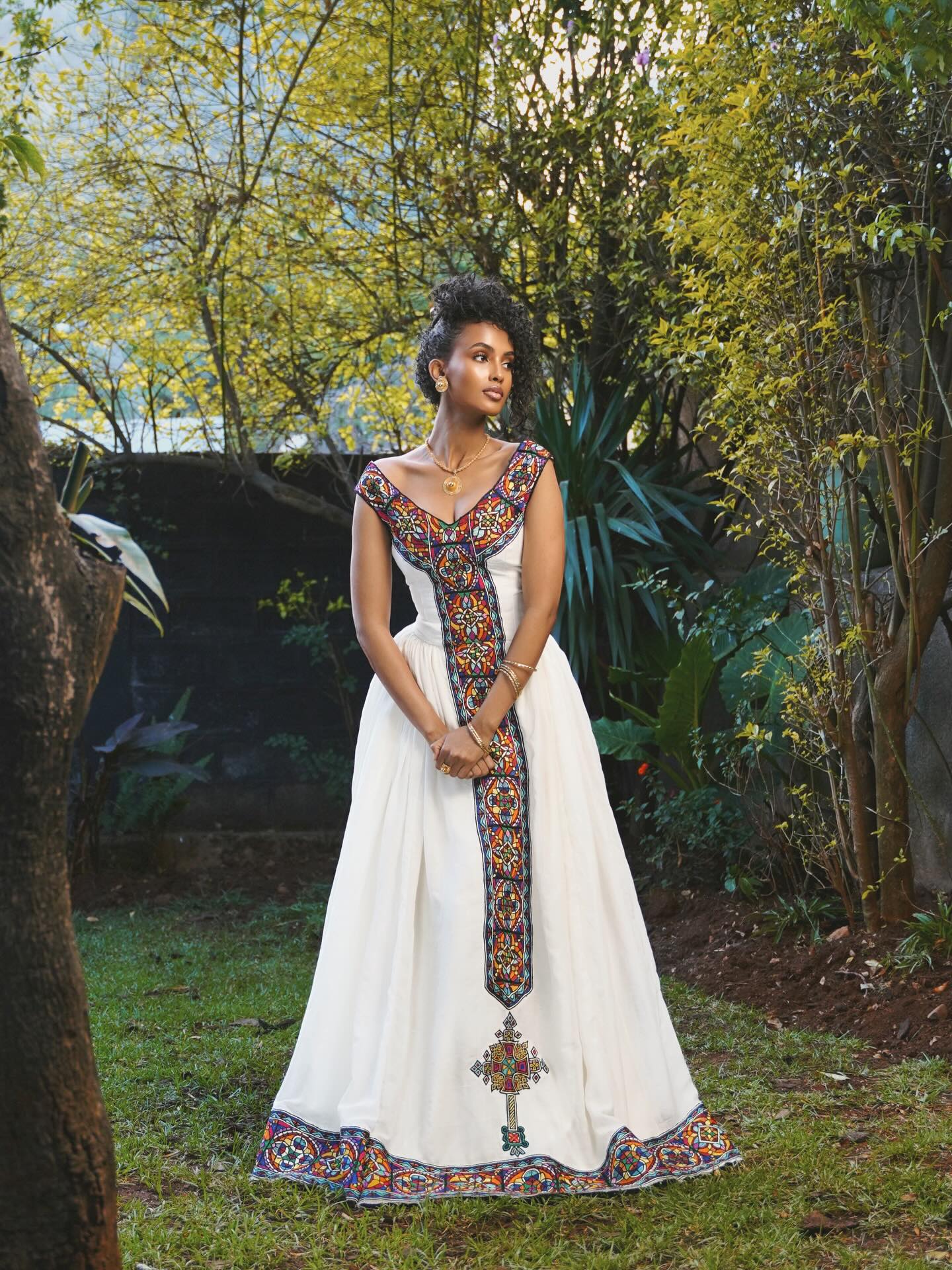 Multicolor Embroidery Ethiopian Clothing Off-Shoulder Habesha Dress Beautiful Habesha Kemis 831