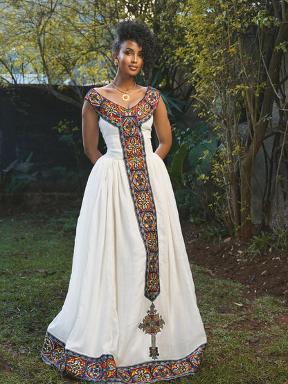 Multicolor Embroidery Off-Shoulder Habesha Dress Beautiful Habesha Kemis