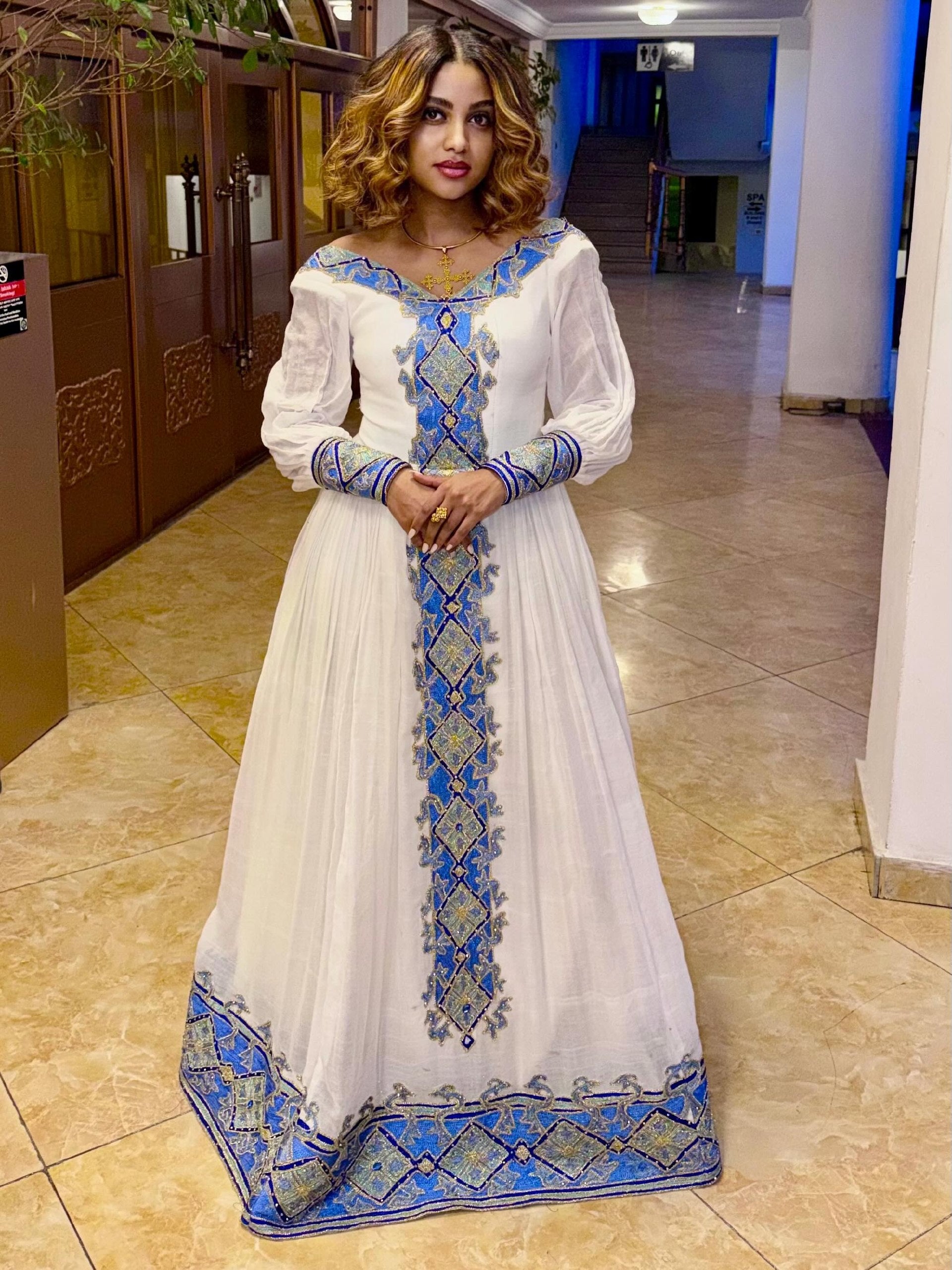 Blue and Silver Embroidery Habesha Dress Timeless Ethiopian Traditional Fashion