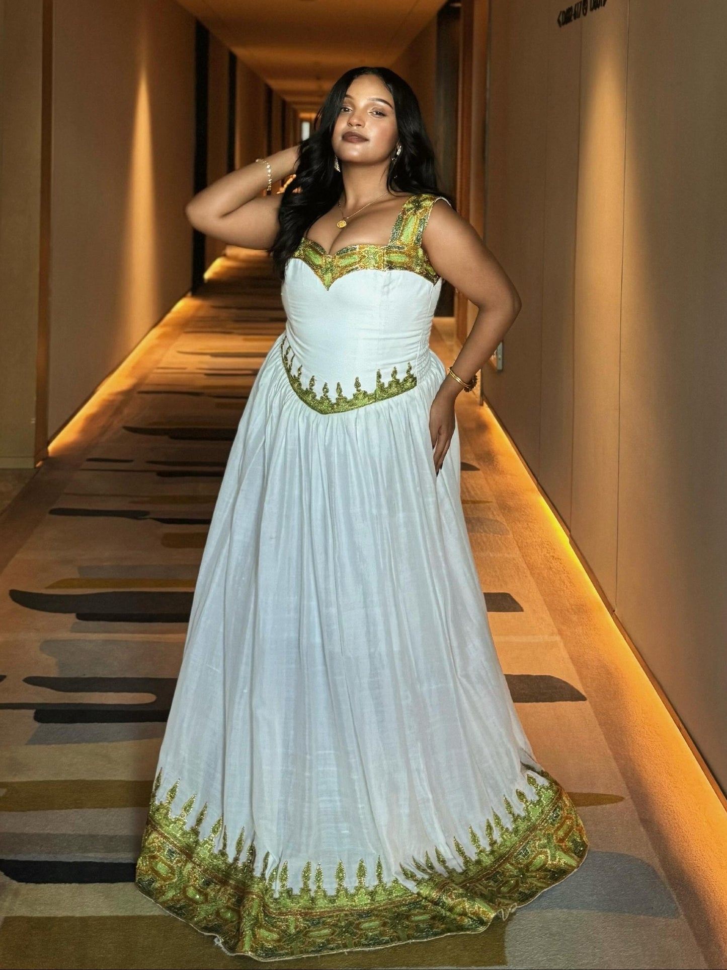 Green and Gold Habesha Dress Stunning Sleeveless Ethiopian Clothing