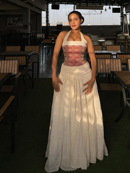 Rosewood Halter Habesha Dress Geometric Woven Bodice Habesha Kemis Ethiopian Clothing 836