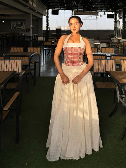 Rosewood Halter Habesha Dress Elegant Ethiopian Traditional Clothing