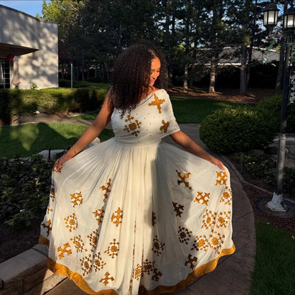 Golden Cross Embroidered Habesha Dress One-Shoulder Drape Habesha Kemis Regal Ethiopian Dress 838