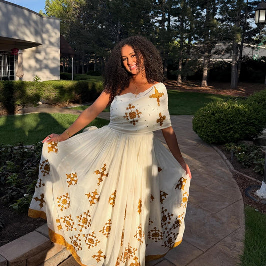 Golden Cross Embroidered Habesha Dress Traditional Ethiopian Clothing