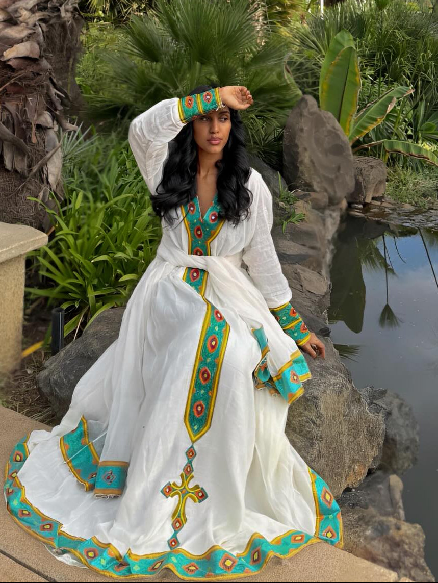 Turquoise Embroidered Habesha Dress Traditional Ethiopian Clothing