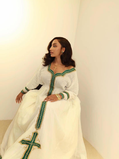 Emerald and Gold Habesha Dress Long Sleeves Habesha Kemis Timeless Ethiopian Clothing 840