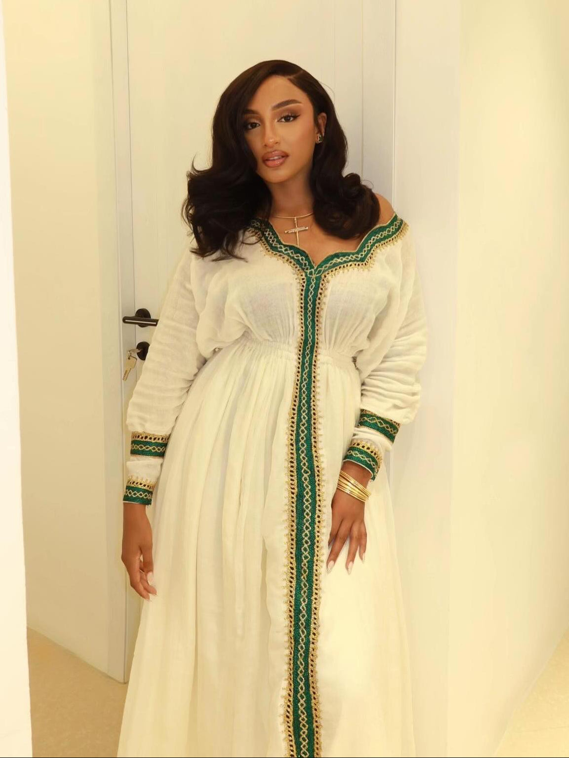 Emerald and Gold Habesha Dress Long Sleeves Habesha Kemis Timeless Ethiopian Clothing 840