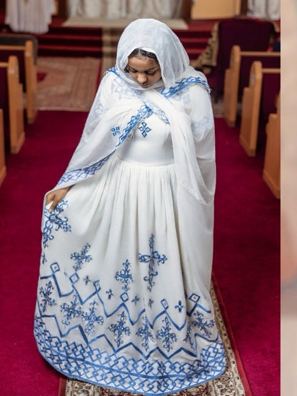Royal Blue Embroidery Habesha Dress for Church Graceful Habesha Kemis Cultural Ethiopian Clothing 841