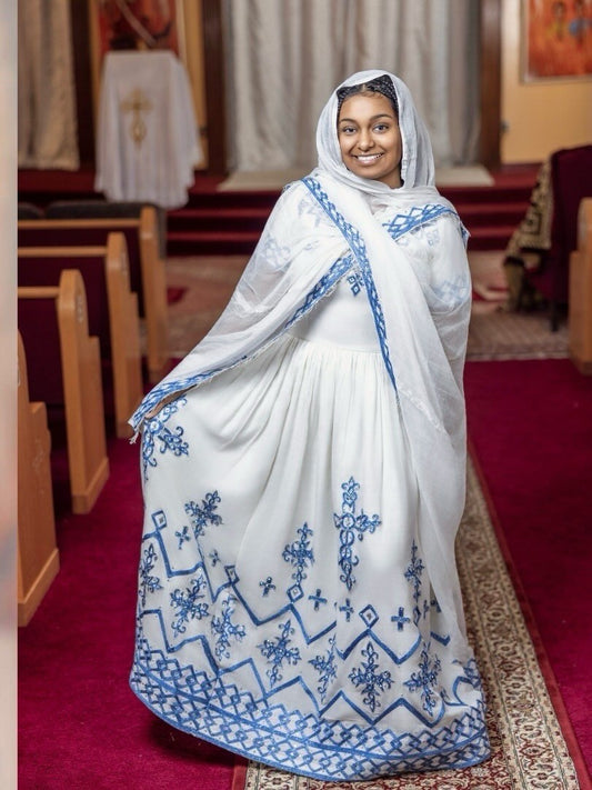 Royal Blue Embroidery Habesha Dress for Church Elegant Habesha Kemis