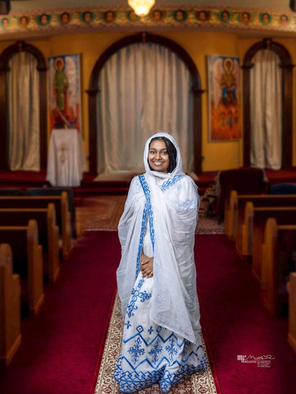 Royal Blue Embroidery Habesha Dress for Church Graceful Habesha Kemis Cultural Ethiopian Clothing 841