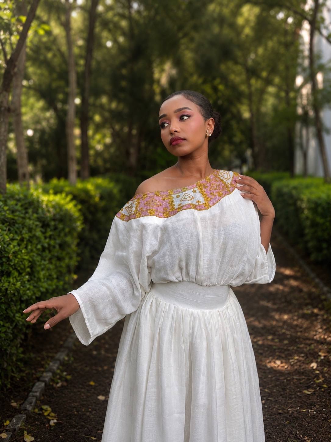 Blush Pink Embellished Habesha Dress Off-Shoulder Neckline Habesha Kemis Traditional Ethiopian Dress 842