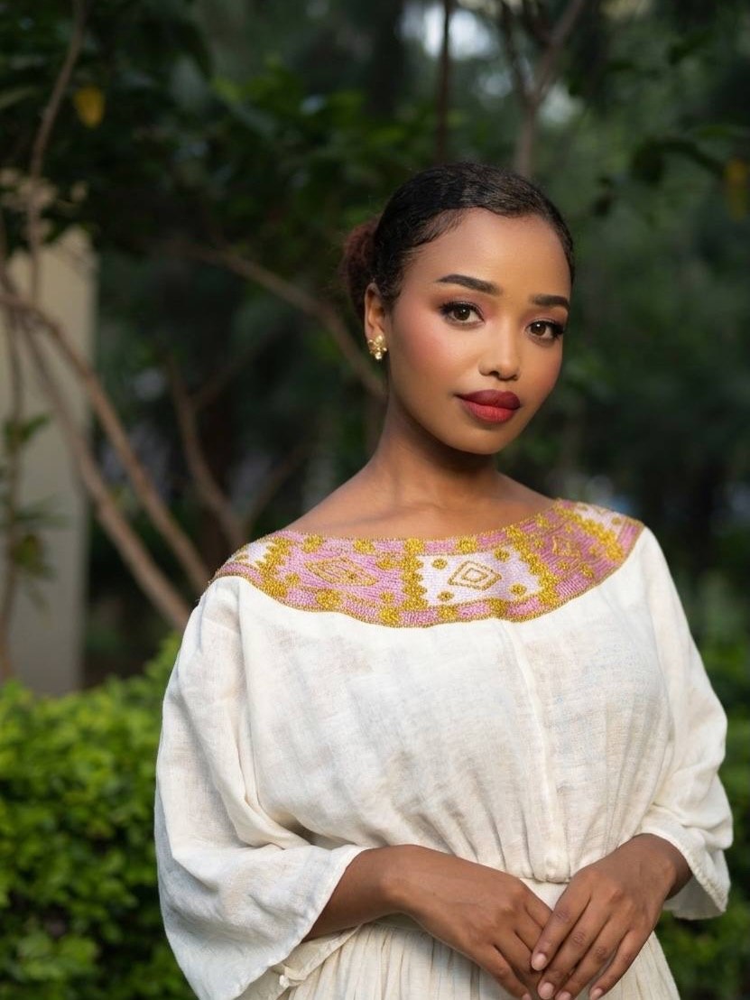 Blush Pink Embellished Habesha Dress Off-Shoulder Neckline Habesha Kemis Traditional Ethiopian Dress 842