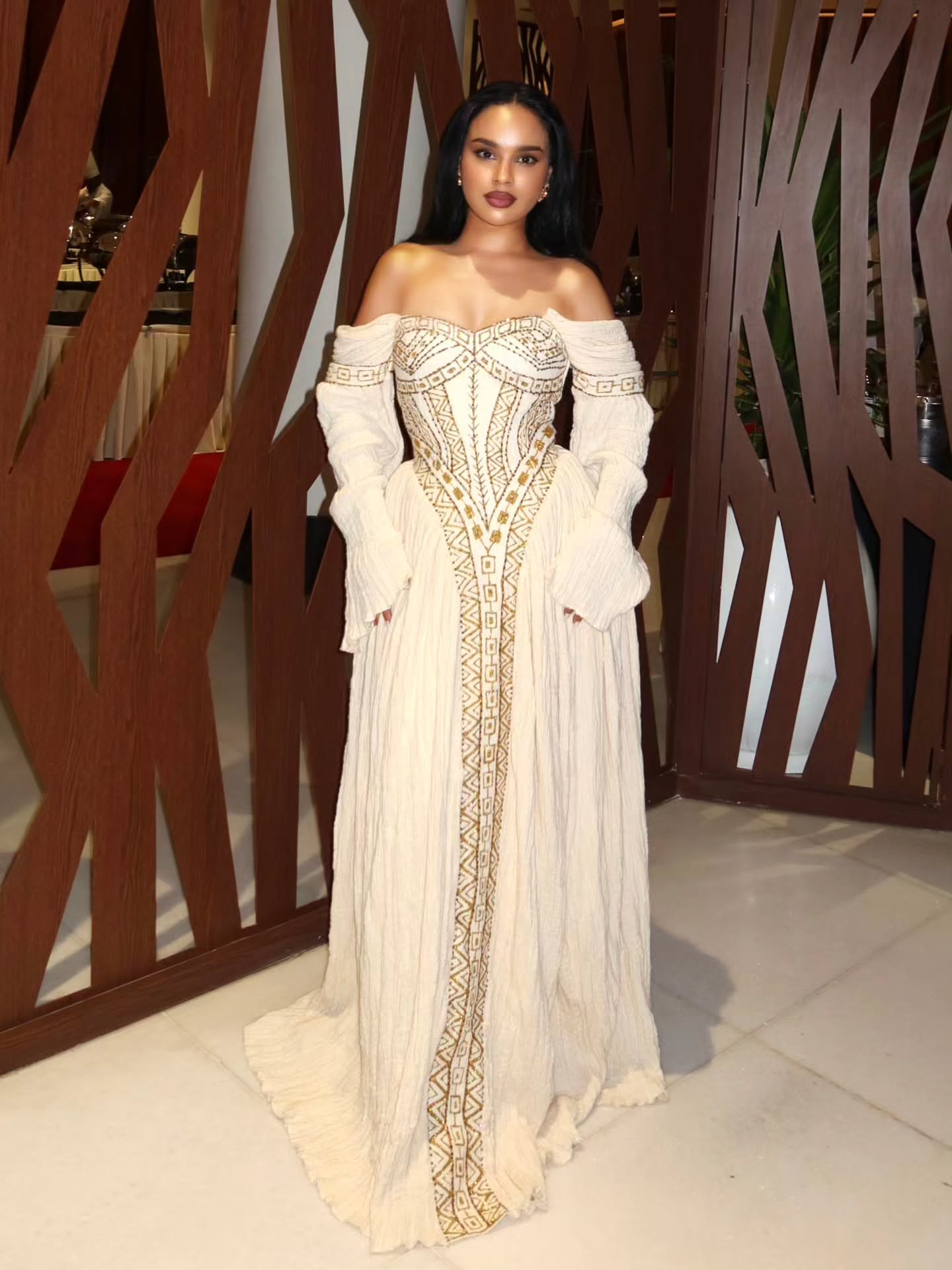 Ivory Habesha Kemis with Golden Weaving Traditional Ethiopian Dress