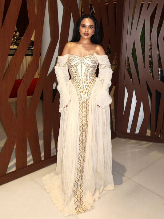 Ivory Habesha Kemis with Golden Weaving Traditional Ethiopian Dress