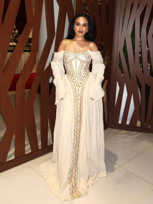 Ivory Habesha Kemis with Golden Weaving Traditional Ethiopian Dress