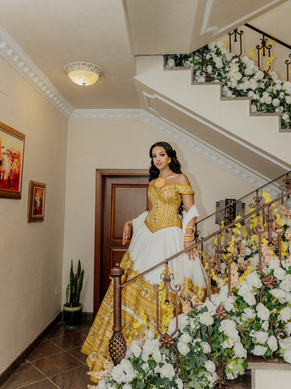 Radiant Golden and Yellow Habesha Dress Graceful Off-Shoulder Habesha Kemis for Ethiopian Wedding 852