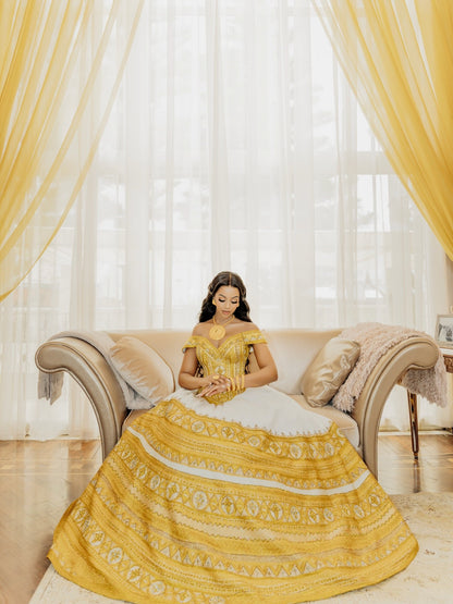 Radiant Golden and Yellow Habesha Dress Graceful Off-Shoulder Habesha Kemis for Ethiopian Wedding 852