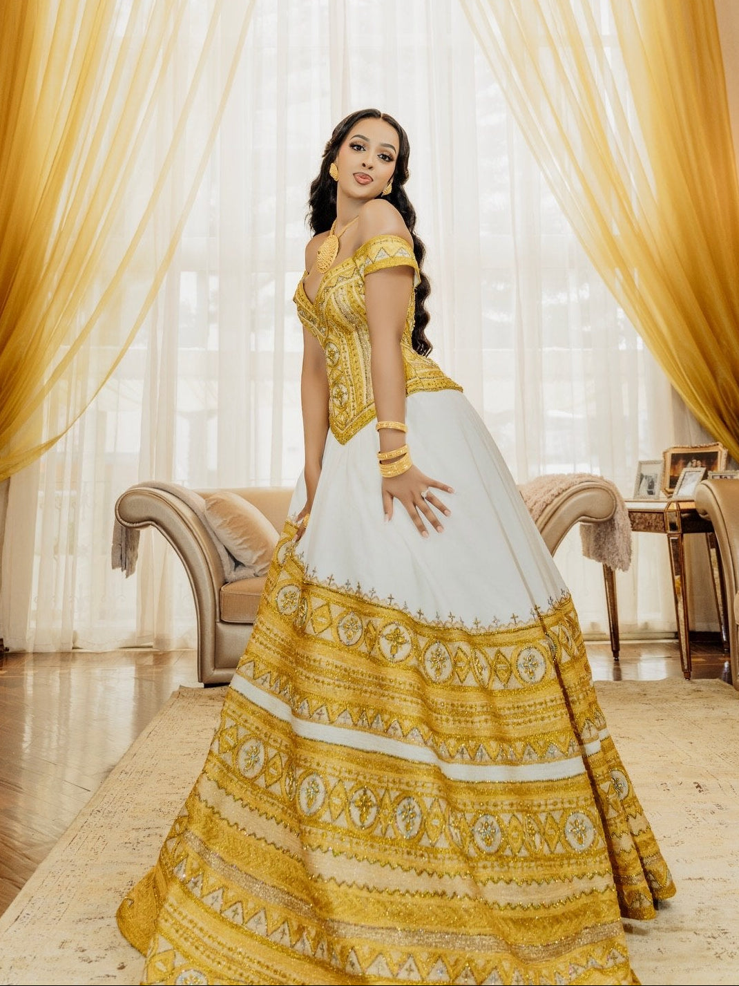 Radiant Golden and Yellow Habesha Dress Graceful Off-Shoulder Habesha Kemis for Ethiopian Wedding 852
