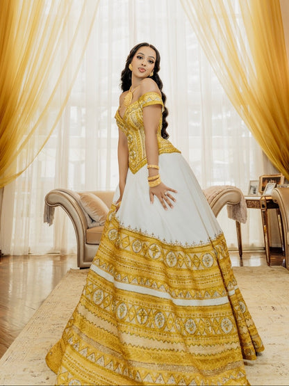 Radiant Golden and Yellow Habesha Dress Graceful Off-Shoulder Habesha Kemis for Ethiopian Wedding 852
