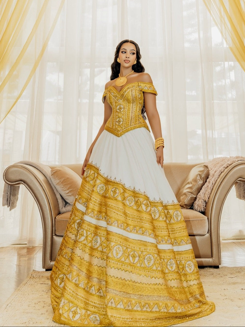 Radiant Golden and Yellow Habesha Dress Graceful Off-Shoulder Habesha Kemis for Ethiopian Wedding 852