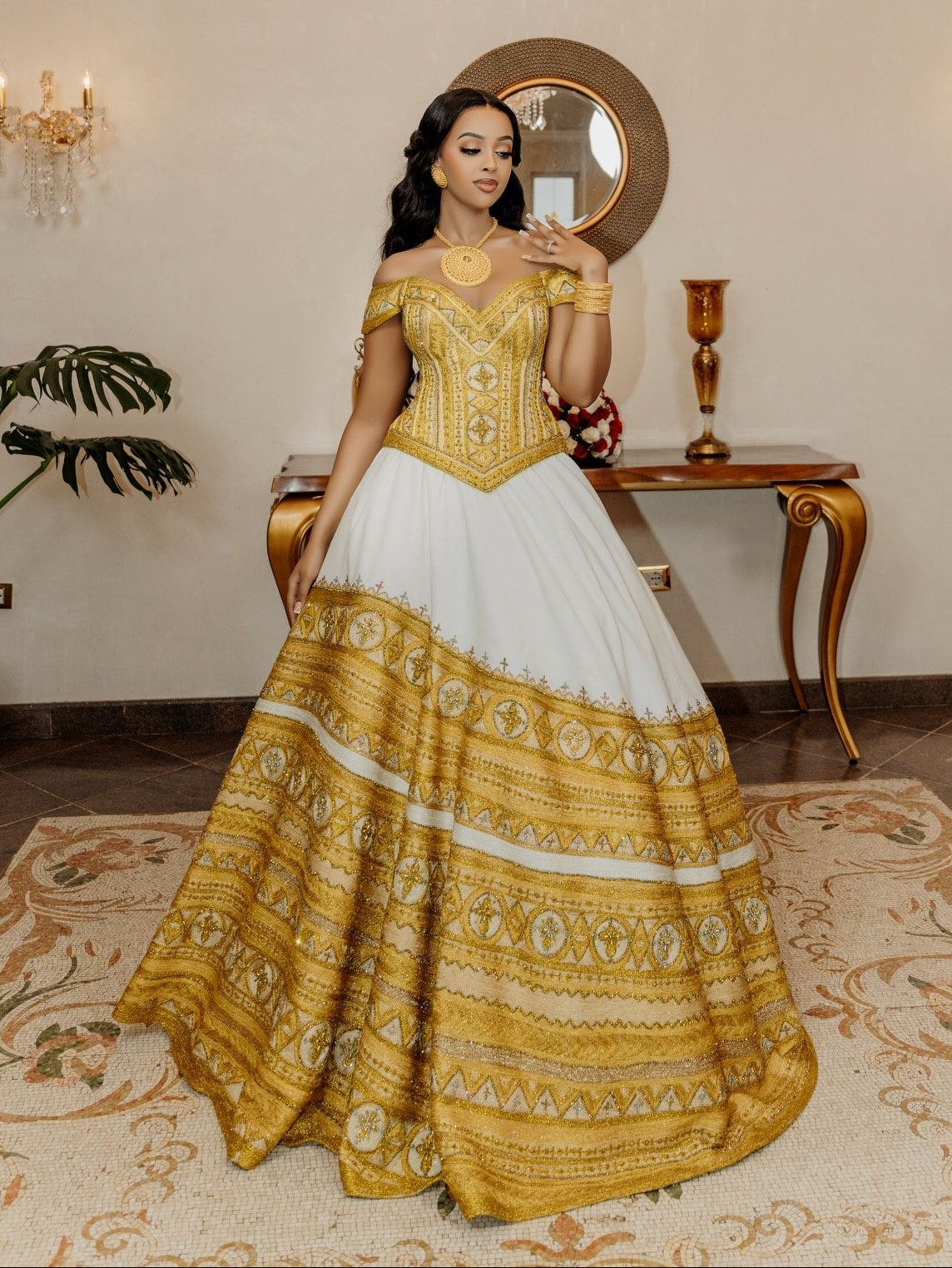 Radiant Golden and Yellow Habesha Dress Graceful Off-Shoulder Habesha Kemis for Ethiopian Wedding 852
